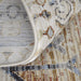 Close-up of a patterned rug with a textured border