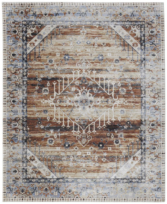 Decorative area rug with geometric pattern in brown, blue, and beige colors