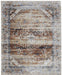 Decorative area rug with geometric pattern in brown, blue, and beige colors