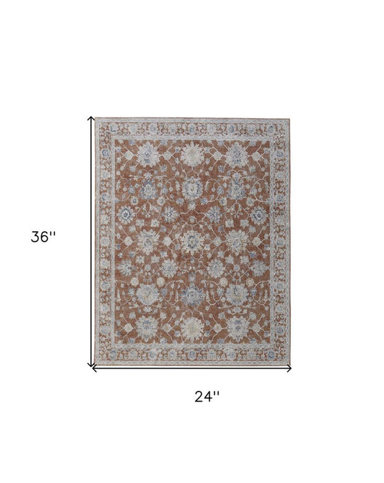 Decorative rug with floral pattern and measurements on a white background