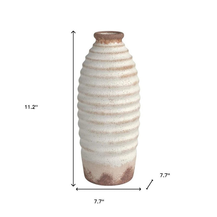 11" Ivory And Brown Round Ceramic Table Vase