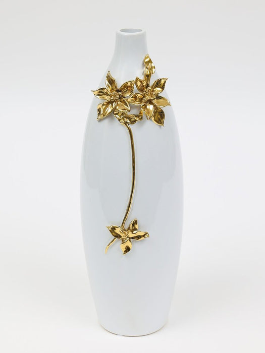 18" Gold Floral Oval Ceramic Table Vase With Sculptural Details
