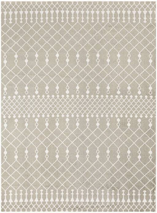 Patterned rug with geometric design on a beige background