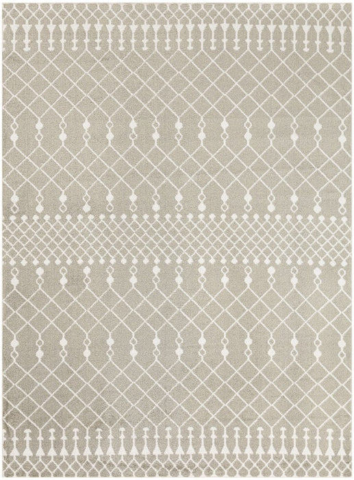 Patterned rug with geometric design on a beige background