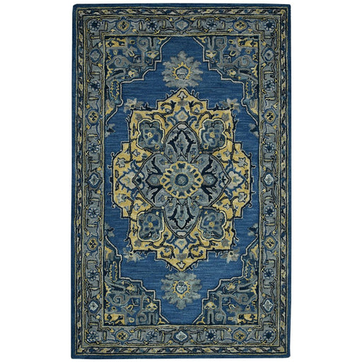 Decorative blue and yellow patterned rug on a white background
