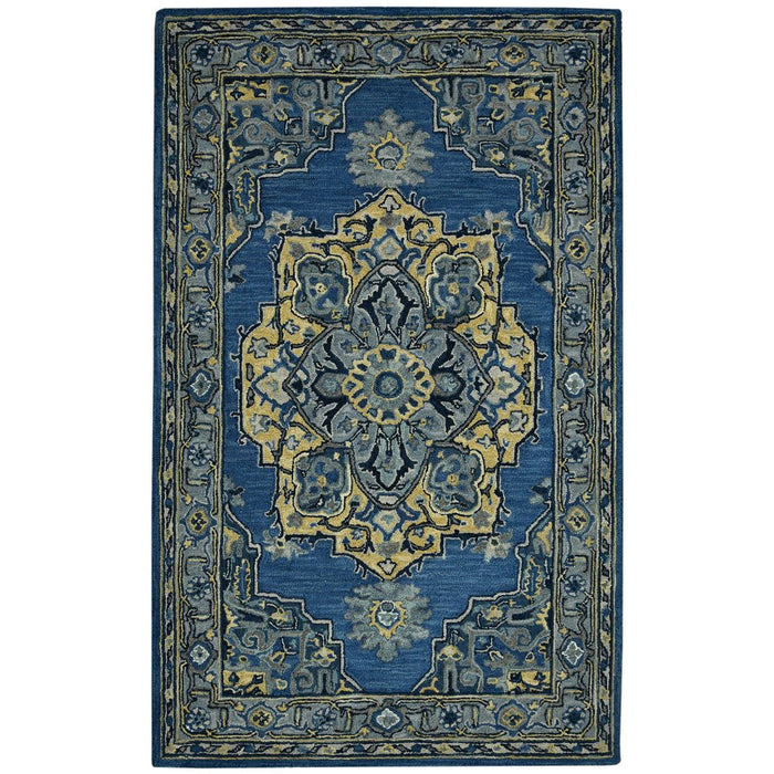 Decorative blue and yellow patterned rug on a white background