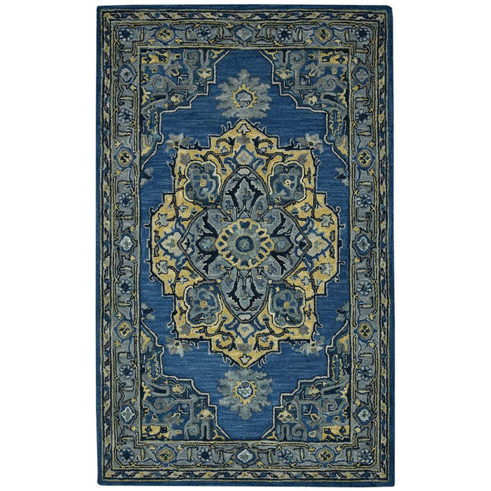 Decorative blue and yellow patterned rug on a white background