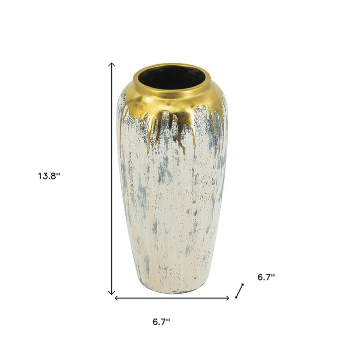 14" Gray Ivory And Gold Modern Abstract Ceramic Table Vase