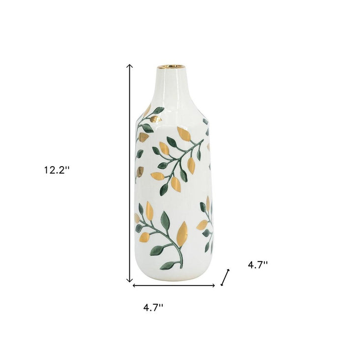 12" White Green And Gold Floral Leaf Bud Ceramic Table Vase
