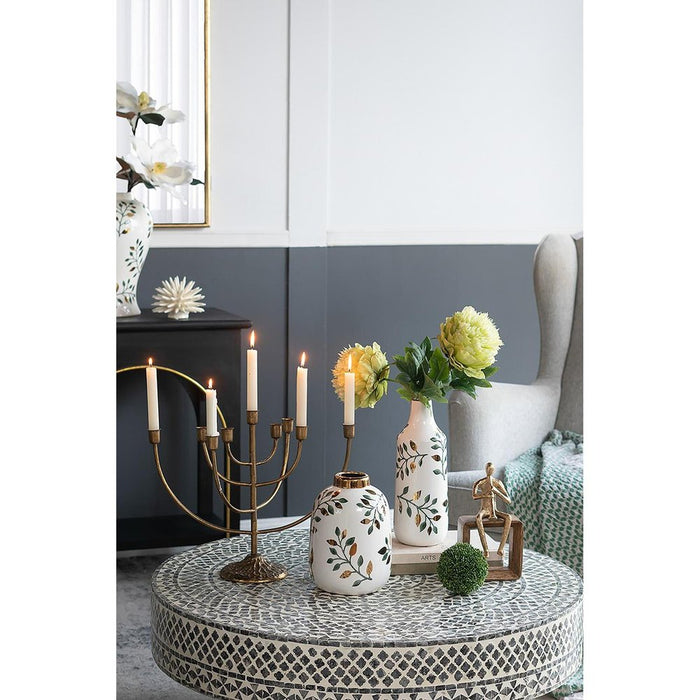 9" White Green And Gold Leaf Round Ceramic Table Vase