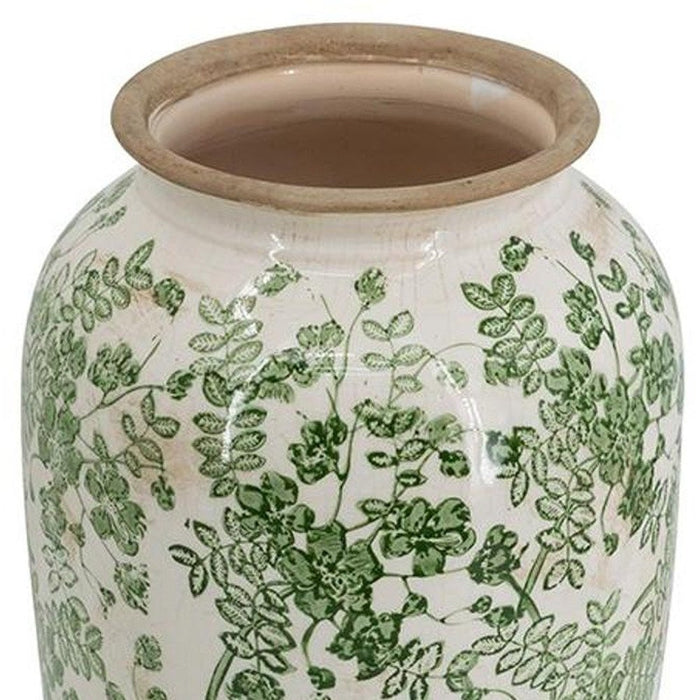 15" Green And White Leaf Ceramic Trumpet Table Vase