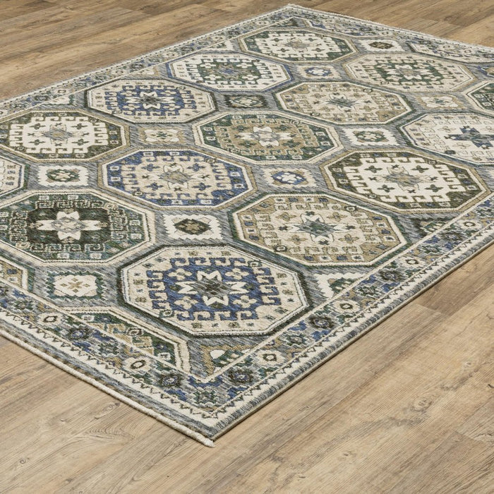 Decorative hexagonal patterned rug on a wooden floor
