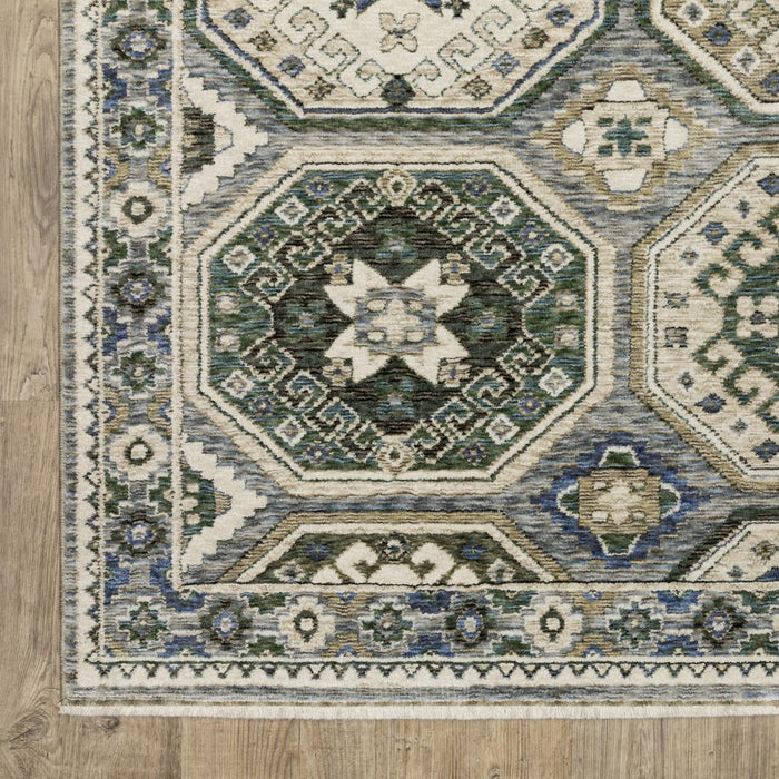 Geometric patterned rug on a wooden floor