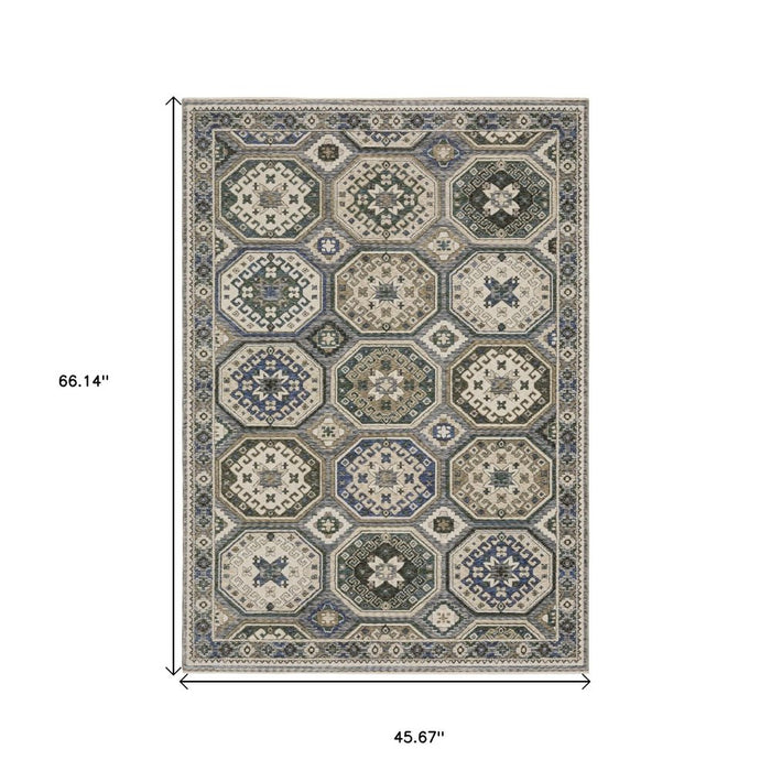 Geometric patterned rug with measurements on a white background