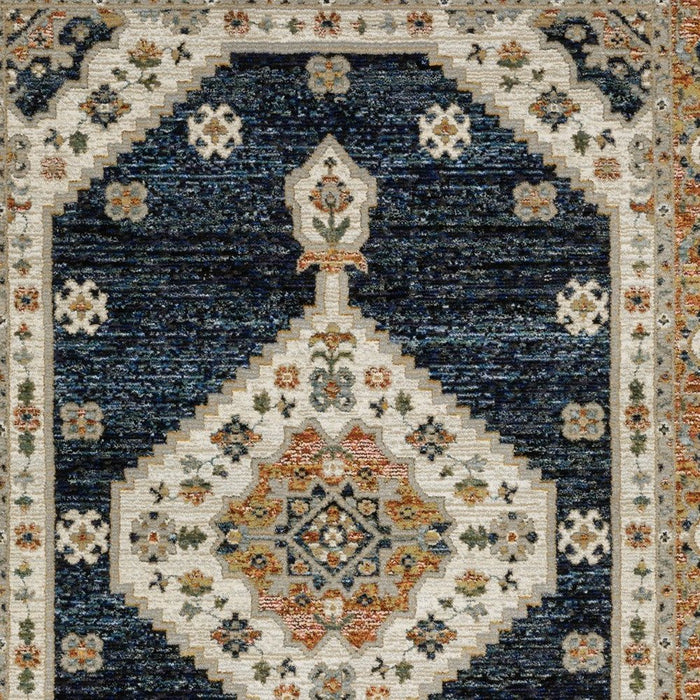 Decorative rug with intricate pattern on a blue background