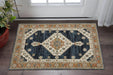 Decorative rug with geometric pattern on a wooden floor