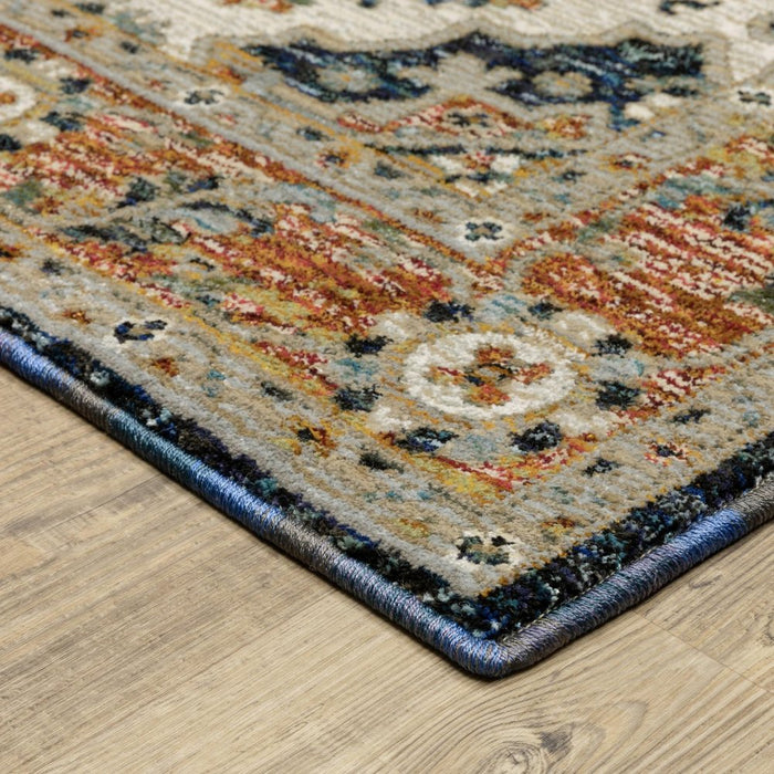 Decorative rug with intricate patterns on a wooden floor