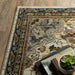 Decorative rug with intricate patterns on a wooden floor, accompanied by a plant and books.