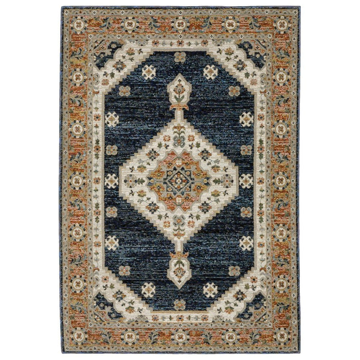 Decorative rug with a central medallion design on a white background