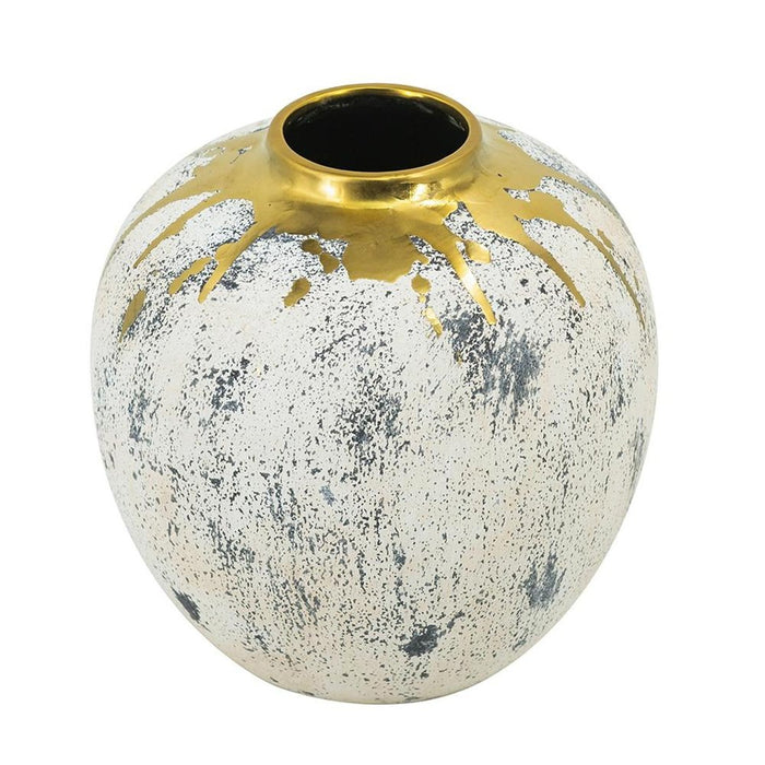 10" Ivory Gray And Gold Abstract Distressed Ceramic Round Table Vase