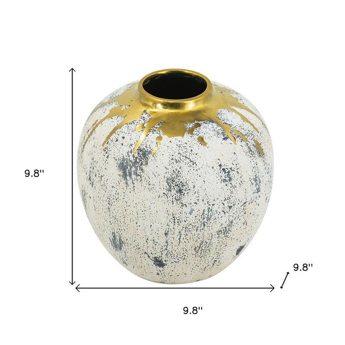 10" Ivory Gray And Gold Abstract Distressed Ceramic Round Table Vase