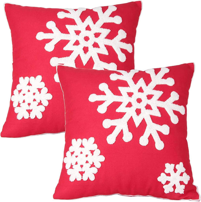 Christmas Snowflake Embroidered Throw Pillow Covers, 18x18 Cotton Canvas Decorative Cushion Covers for Sofa, Bed, Chair (Set of 2)