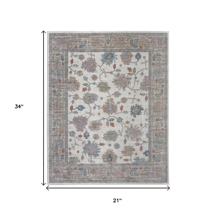 2' X 3' Ivory Brown And Blue Floral Distressed Area Rug