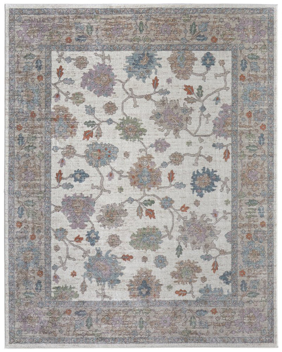2' X 3' Ivory Brown And Blue Floral Distressed Area Rug