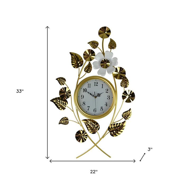 Decorative wall clock with floral design and measurements on a white background