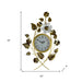 Decorative wall clock with floral design and measurements on a white background