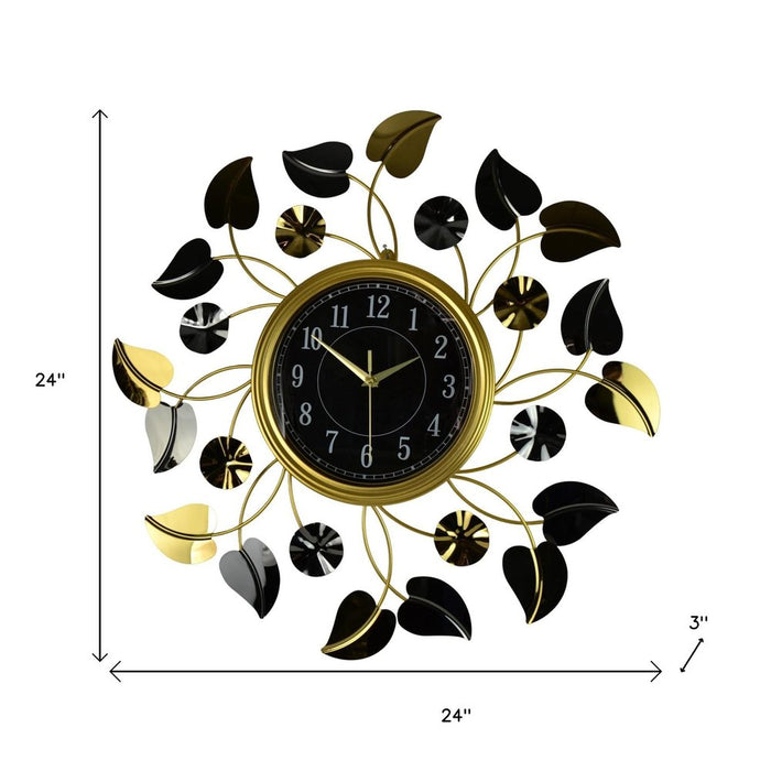 Decorative wall clock with leaf design and measurements on a white background