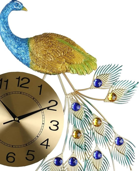 Decorative wall clock with peacock design on a white background