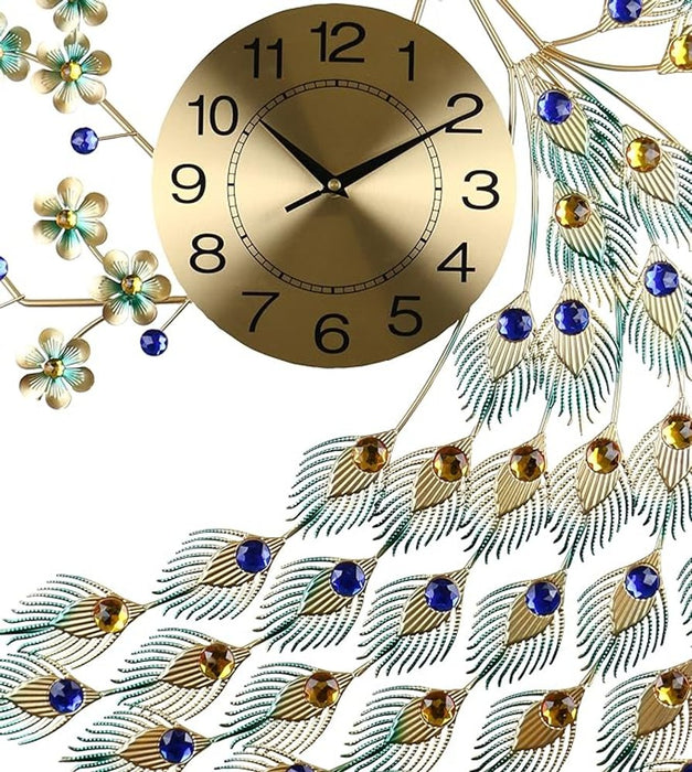 Decorative wall clock with peacock feather design on a white background