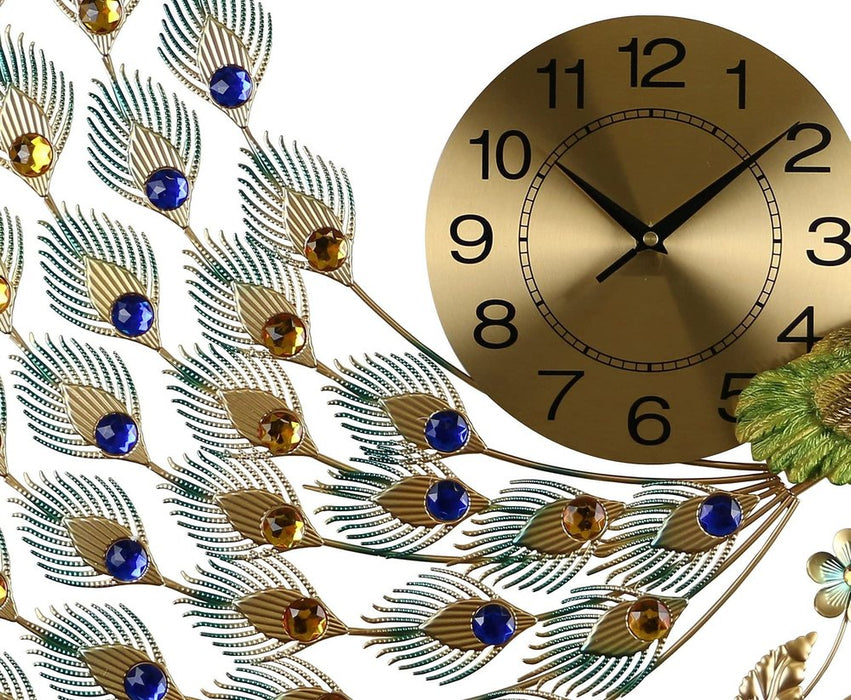 Decorative wall clock with peacock feather design on a white background