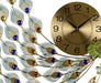 Decorative wall clock with peacock feather design on a white background