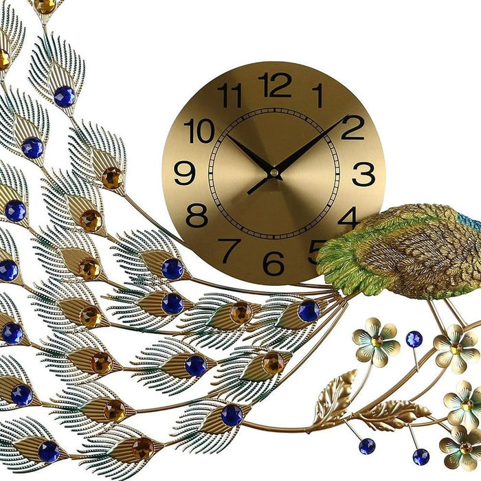 Decorative wall clock with peacock feather and flower design on a white background