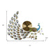 Decorative wall clock shaped like a peacock with measurements on a white background