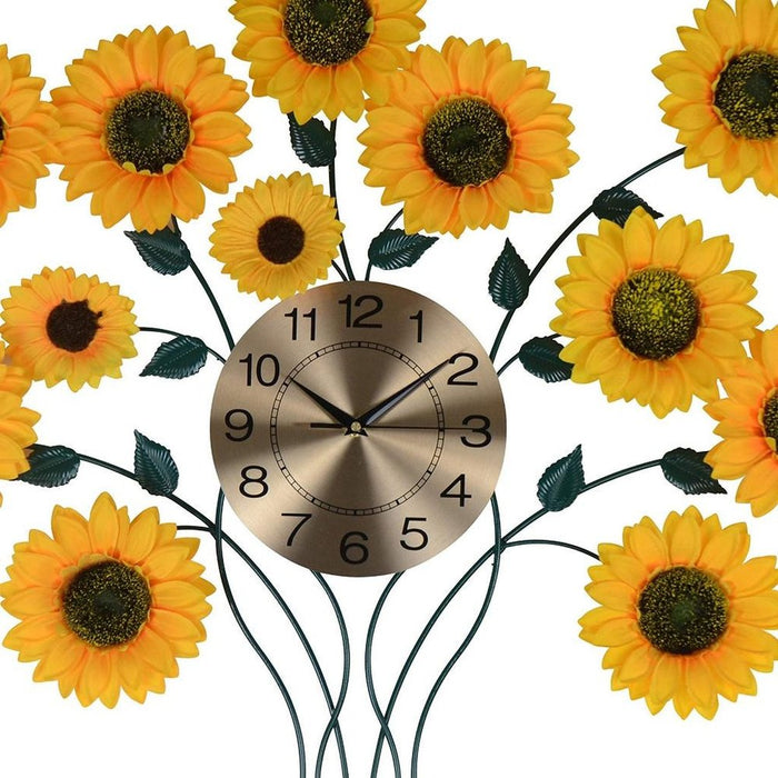 Decorative wall clock with sunflower design on a white background
