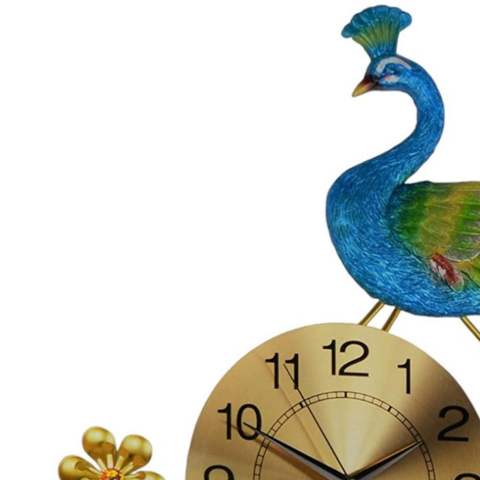 Decorative clock with a peacock design on a white background