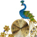 Decorative wall clock with a peacock design on a white background