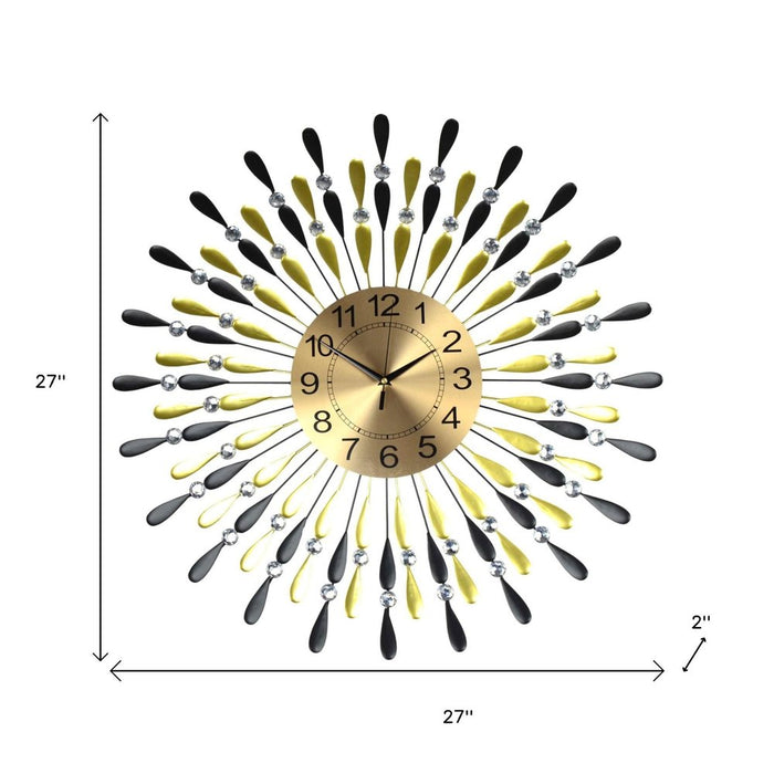Decorative wall clock with sunburst design and measurements on a white background