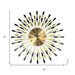 Decorative wall clock with sunburst design and measurements on a white background