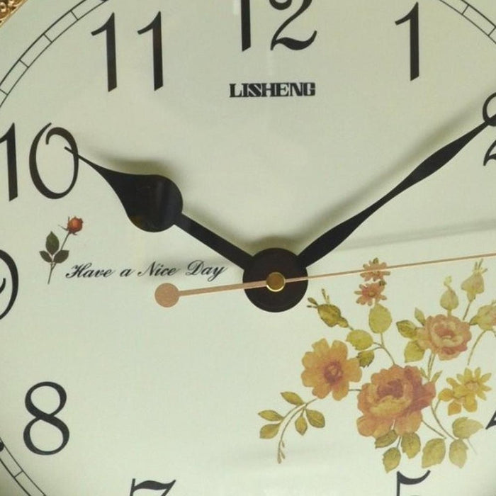 Close-up of a clock face with floral design and 'Lisheng' branding