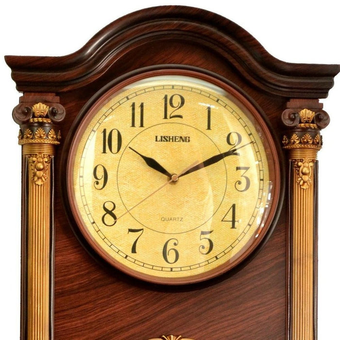 Wooden wall clock with gold accents and LISHENG branding on a white background