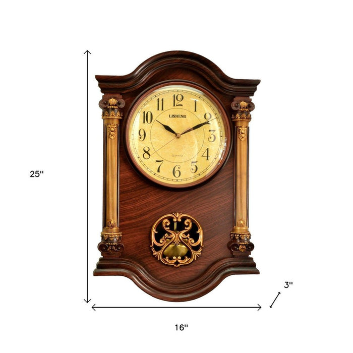 Wooden wall clock with gold accents and measurement details on a white background