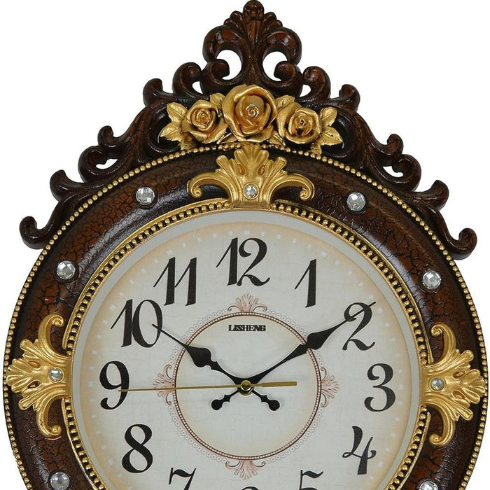 Decorative wall clock with wooden and gold detailing on a white background