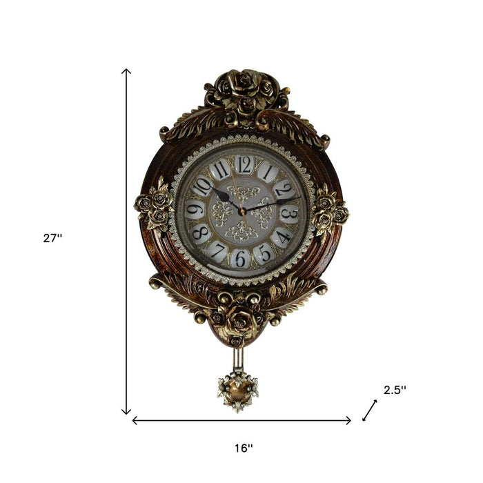 Decorative wall clock with floral details and measurement indicators on a white background