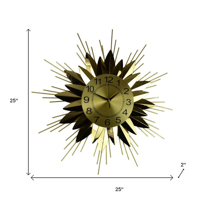 Gold sunburst wall clock with measurements on a white background