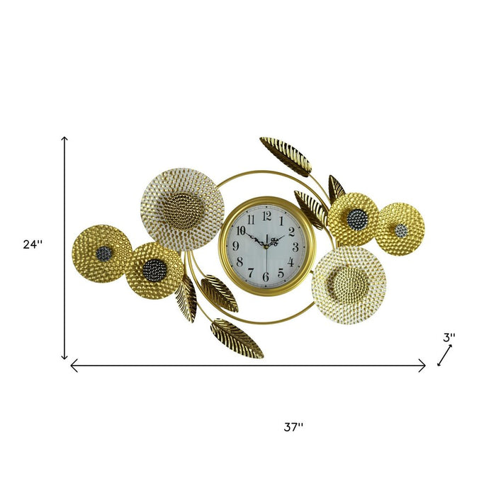 Decorative wall clock with floral designs and measurements on a white background