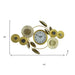 Decorative wall clock with floral designs and measurements on a white background